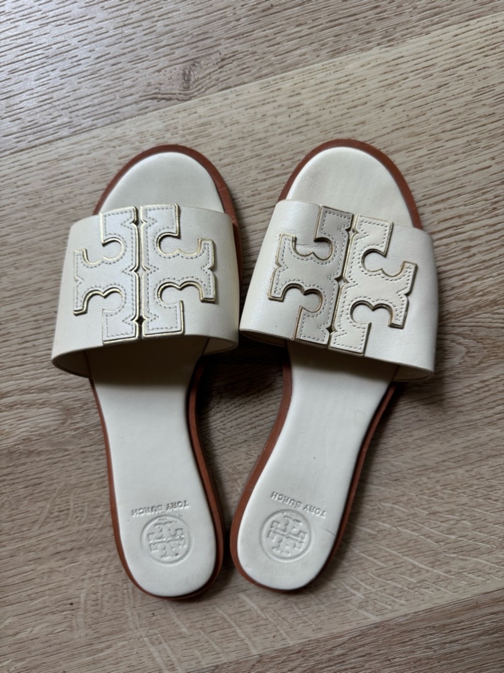 Tory Burch Cream/White Double T Slide Sandals